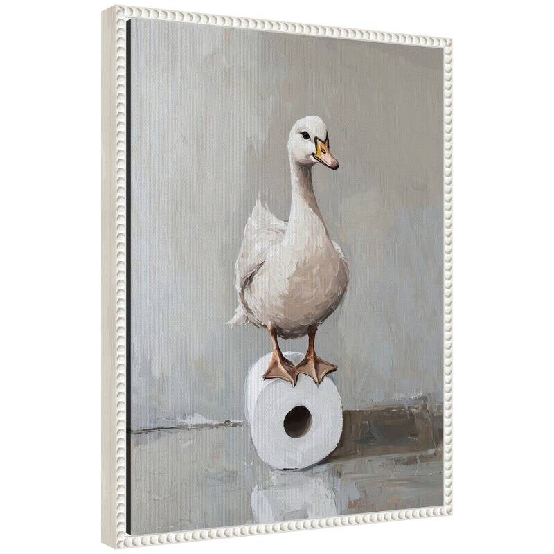 Kate and Laurel Sylvie Goose Standing on a Toilet Paper Roll Bathroom Art Framed Canvas by The Creative Bunch Studio - 18x24