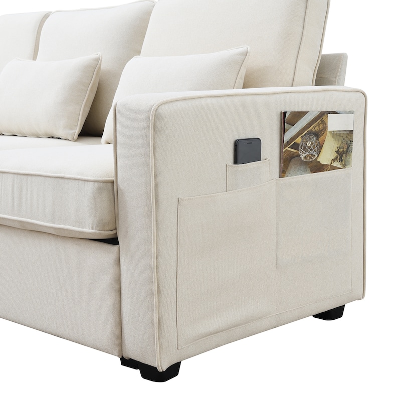114.2" Upholstered Sofa with Console, 2 Cupholders and 2 USB Ports Wired Modern Linen Fabric Couches with 4 Pillows (4-Seat)