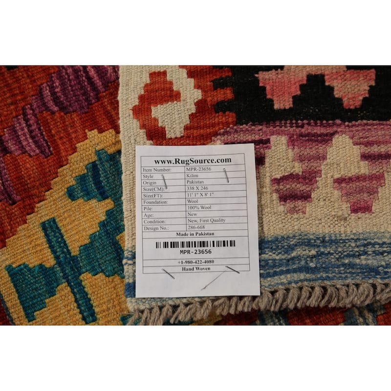 Geometric Kilim Oriental Area Rug Hand-Woven Multi-Color Wool Carpet - 8'1"x 11'1"
