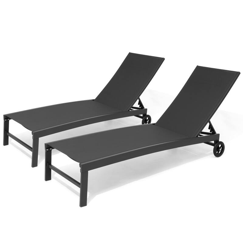 Patio Chaise Lounge Chair Adjustable Aluminum Outdoor Recliners with Wheel - Black-2PC
