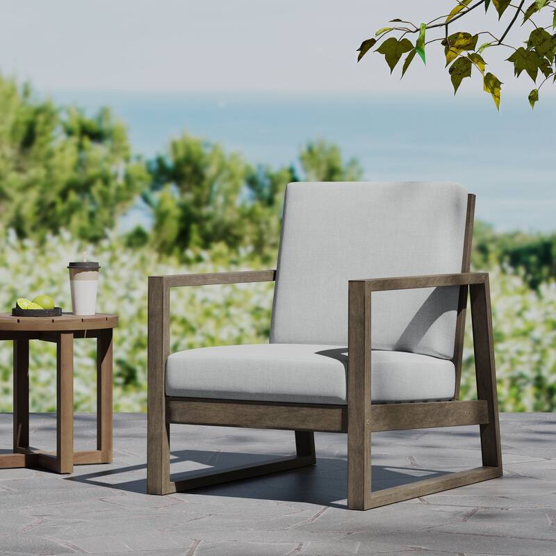 Roomfitters Modern Outdoor Wooden Club Chair with Clean-Line Frame and Weather-Resistant Cushions