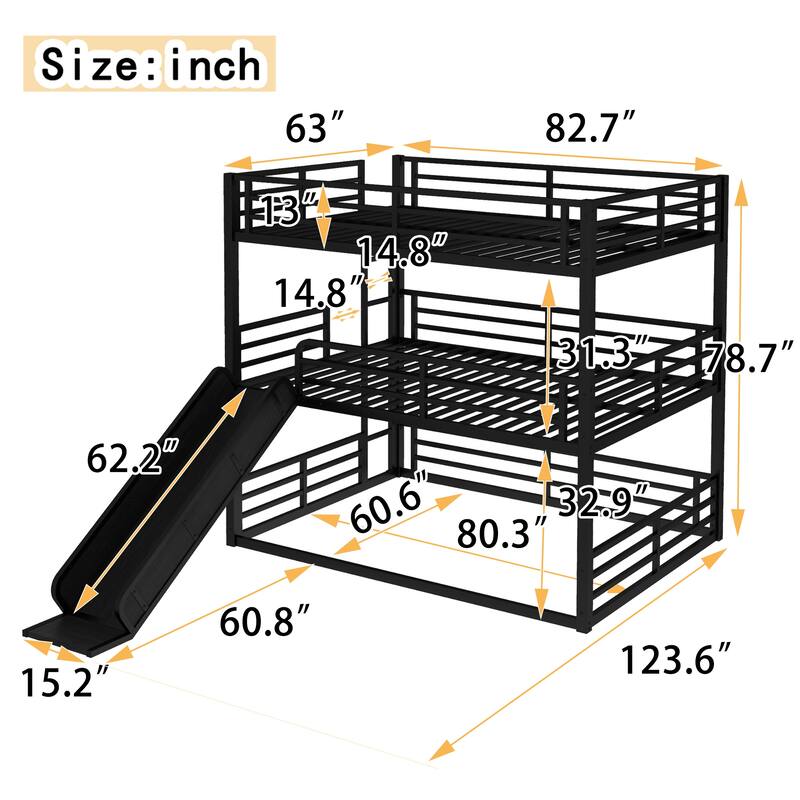 Queen over Queen over Queen Bunk Bed with Slide, Metal Triple Bunk Bed with Safety Guardrails, Noise-reduced Design, Black