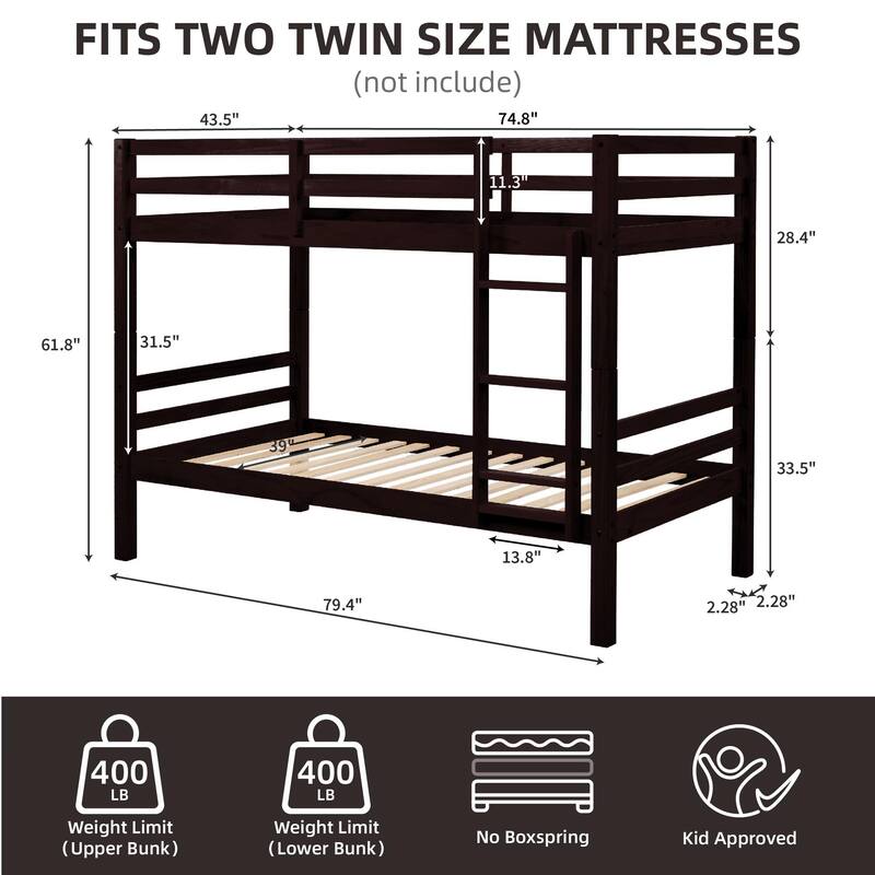 Twin Bunk Bed,Wooden,High Guardrail,Ladder,Kids Teens,Dorm Guest