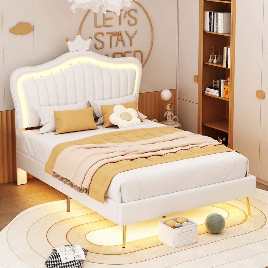 Princess Upholstered Bed Frame with LED Lights and Crown Headboard