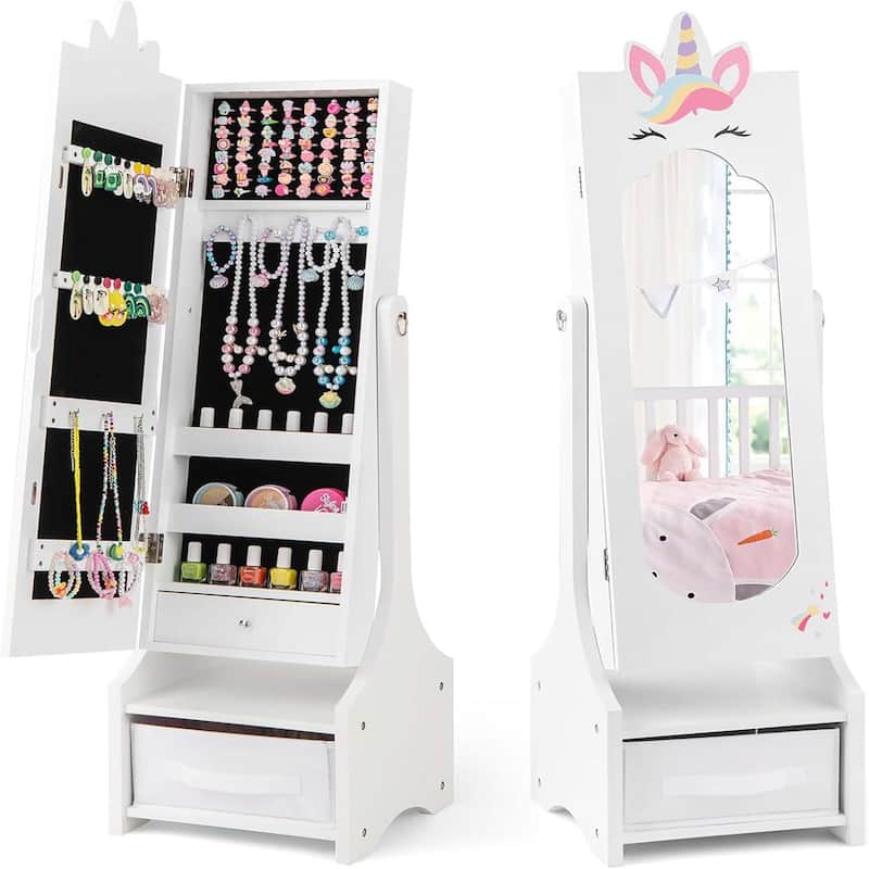 Kids Jewelry Cabinet Standing Armoire Organizer W/Storage Drawers - White