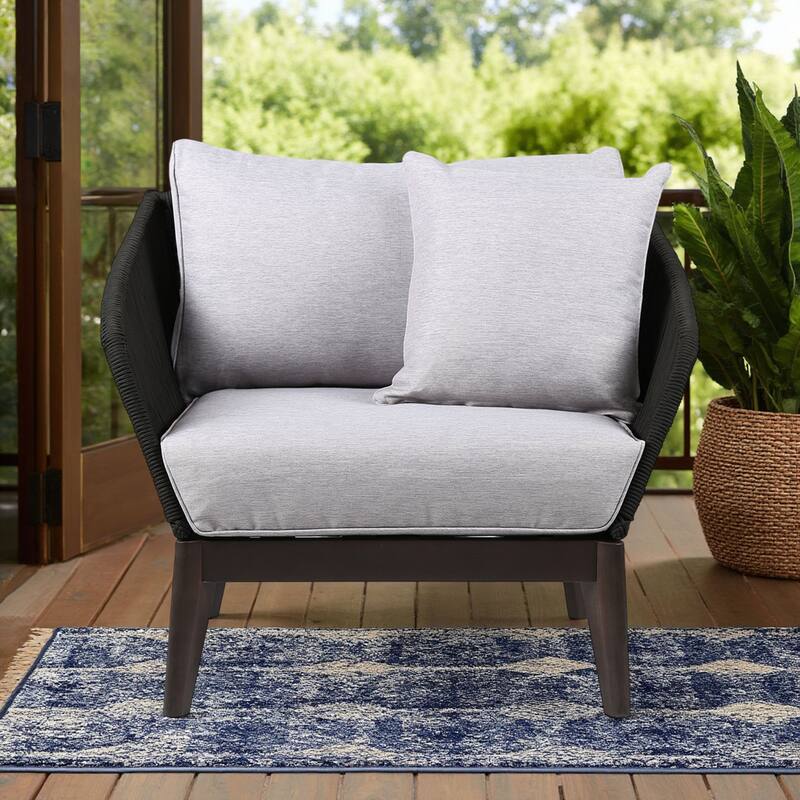 Athos Solid Eucalyptus Wood and Charcoal Rope Outdoor Patio Club Chair with Cushions