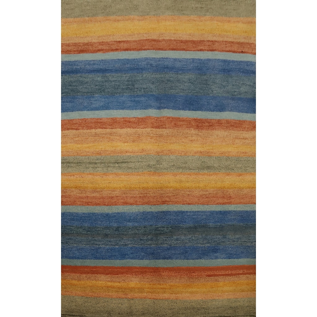 Hand Knotted Oriental 100% Wool Carpet Modern Stripe Multi-Colored Gabbeh Area Rug - 7' 11'' X 5' 6''