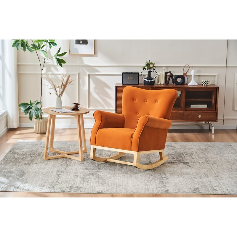 Velvet Upholstered Glider Rocking Chair, Glider Rocking Chair with Fabric Seat, High Back Armchair with Wood Base