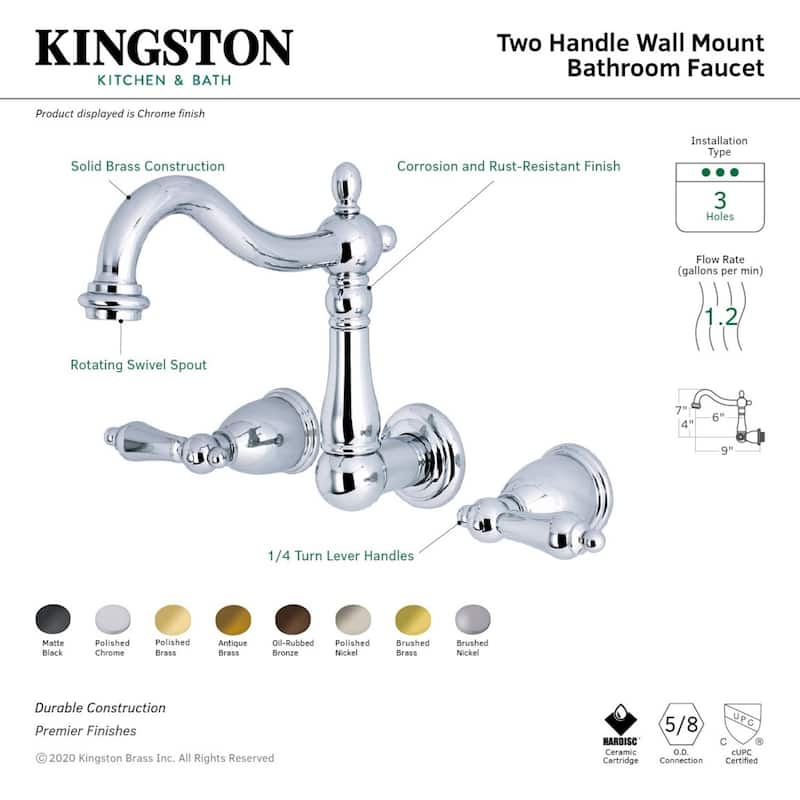 Kingston Brass Heritage Two-Handle 3-Hole Wall Mount Bathroom Faucet