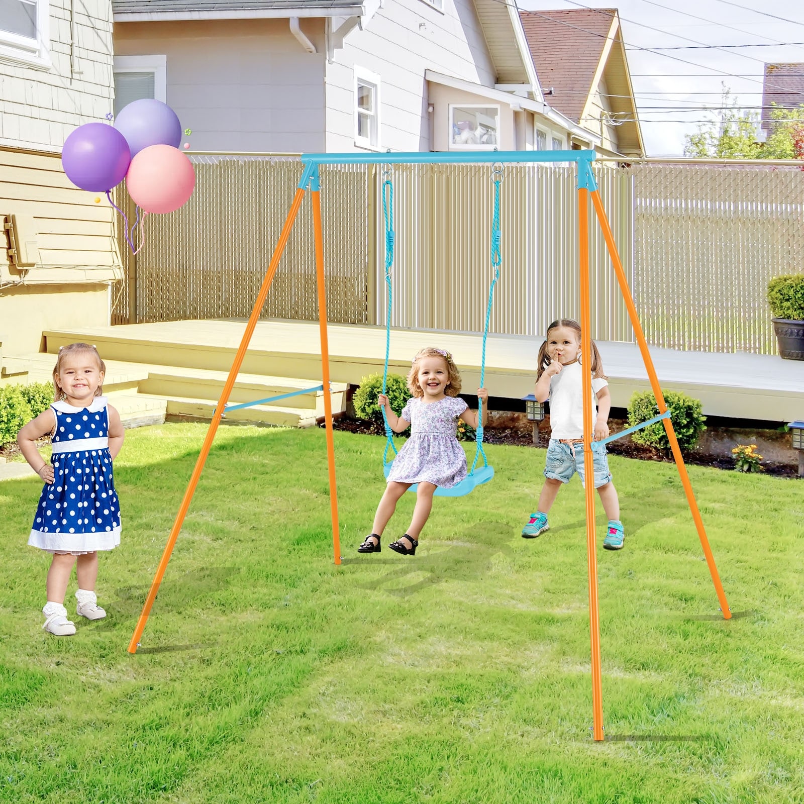 Adjustable Height Kids Swing Set with Stand and Ground Stakes for Backyard  Fun 72