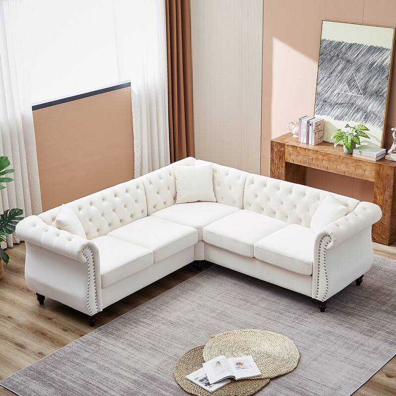 83.5 Inch Velvet Upholstered L-Shaped Sofa Sectional Couch with 3 Pillows - White
