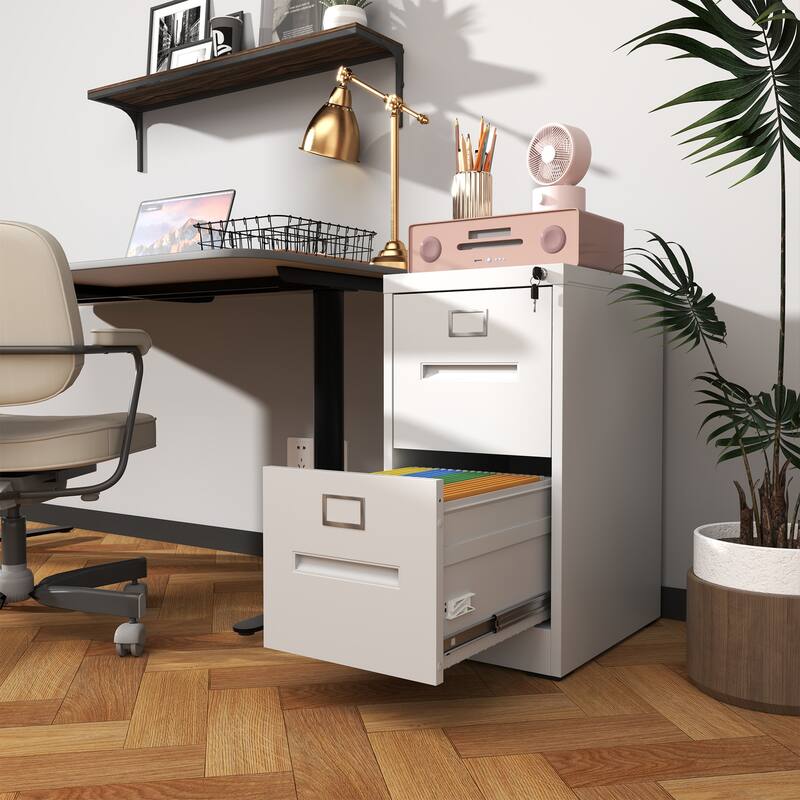 Modern 2-Drawer Narrow Filing Cabinet, Vertical Filing Cabinet with Lock and Anti-Tilt Function, for Home Office - White