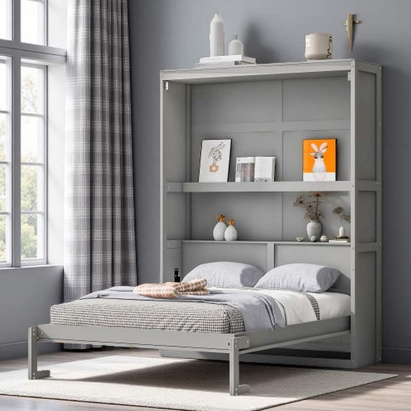 Queen Size Space-Saving Murphy Wall Bed with Dual-Layer Storage Cabinet and Flexible Slat Support - Gray - Full