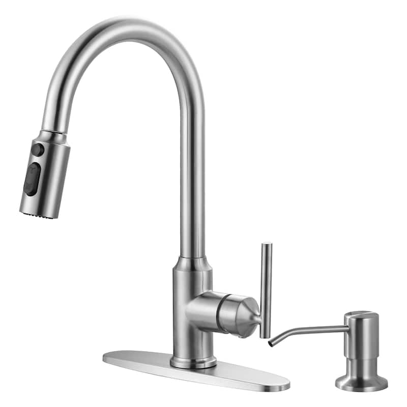 WOWOW Pull Down Sprayer Kitchen Faucet with Soap Dispenser - Brushed Nickel