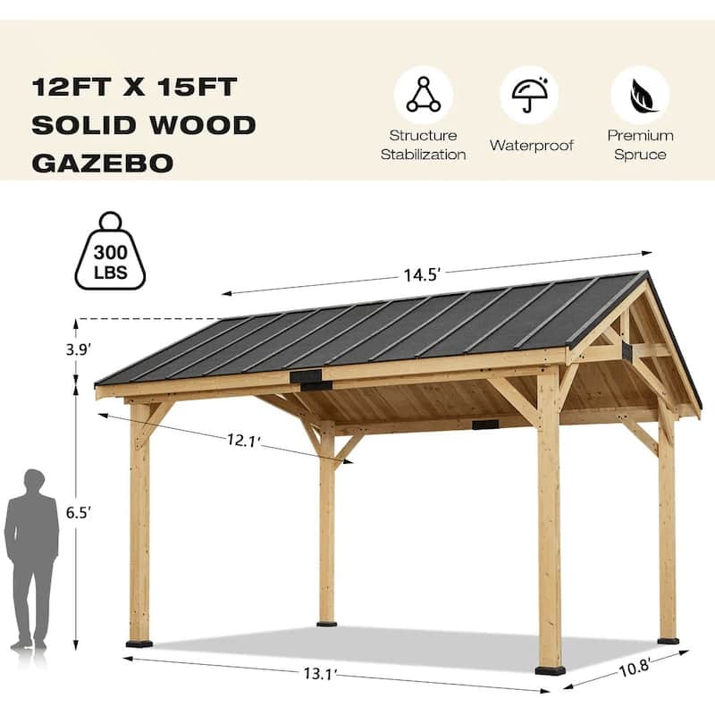 Hardtop Wood Gazebo for Patio, Outdoor Cedar/Spruce Pergola with Metal or Asphalt Roof, All-Weather Backyard Shelter