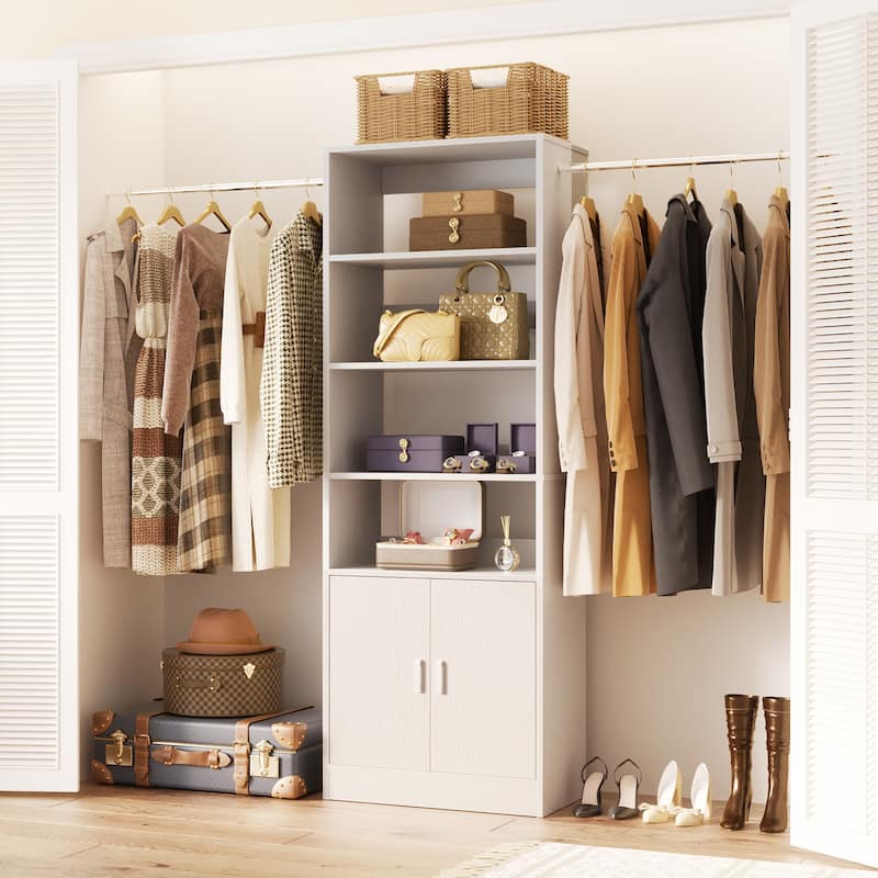 Rackcog 25'' - 104'' W Closet Organizer with Expandable Hanging Rods, Cabinet, Adjustable Shelves