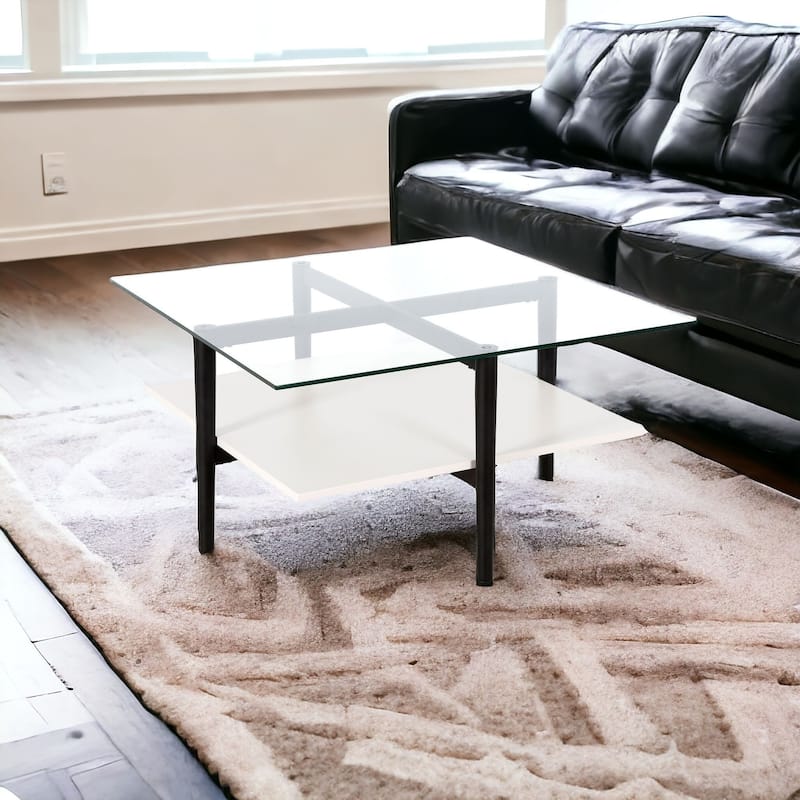 32" Square Modern Coffee Table with Glass Top and Metal Legs Lower Shelf Storage for Living Room - 32"L x 32"W x 17"H
