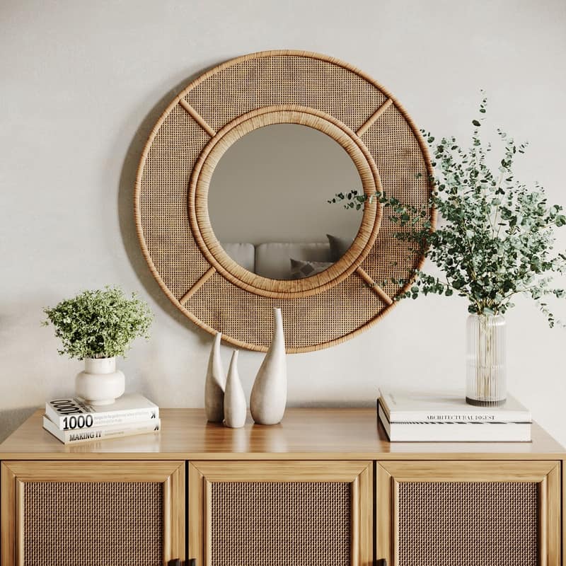 Maraya Rattan Round Boho Wall Mirror - 28.25"H x 28.25"W x 1.75"D