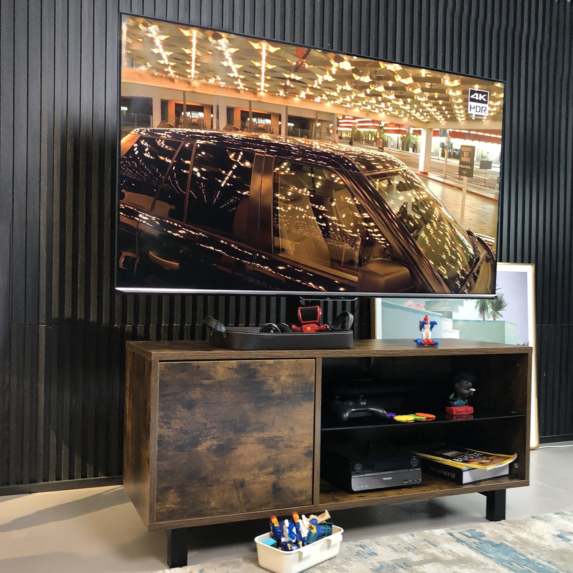 Classic Rustic Style TV Stand with 1 Side Cabinets 2 Open