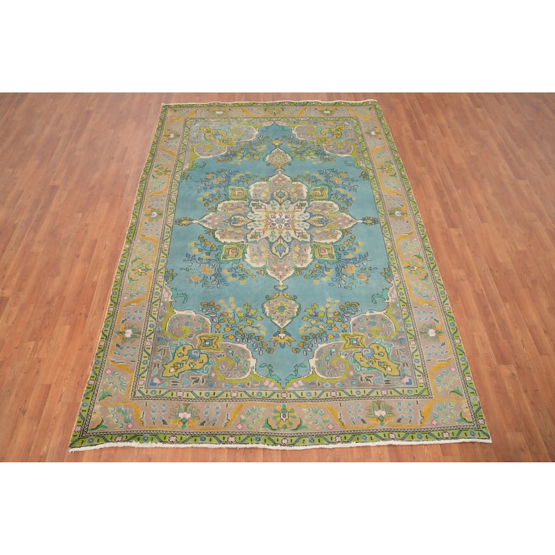 Hand Knotted Oriental 100% Wool Carpet Traditional Floral Navy Blue & Blues Tabriz Area Rug - 9' 8'' X 6' 6''