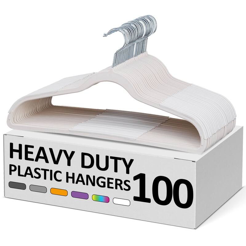 100 Pack Clothes Hangers Plastic Coat Hangers Non-Slip Space-Saving Swivel Hook - White