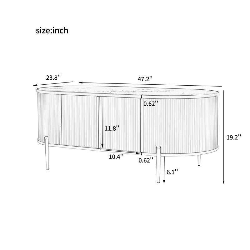 Modern Luxury Oval Grooved Coffee Table Marble Texture Coffee Table with 2 Cabinets Metal Legs for Living Room, White