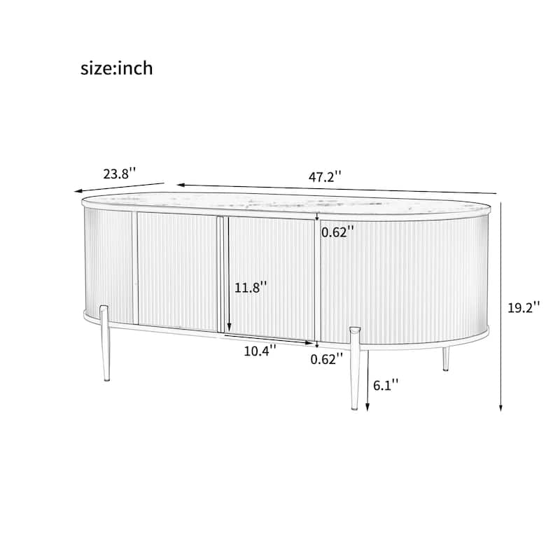 Roomfitters Luxury Oval Fluted Coffee Table with Marble Top, 2 Storage Cabinets and Metal Legs, Stylish Accent Table, White
