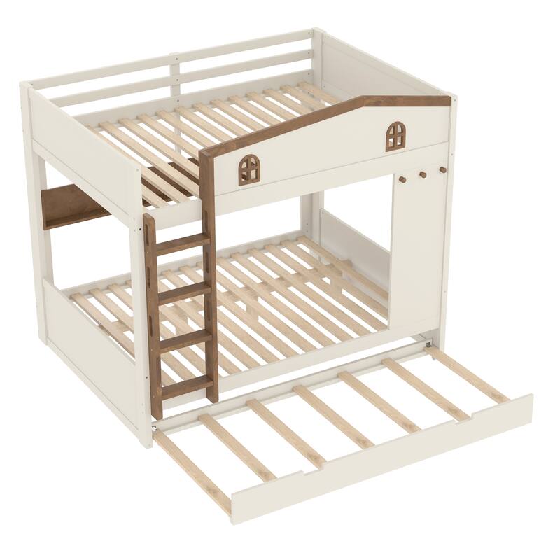 Queen over Queen Bunk Bed Rustic House Bunk Bed with Hooks Storage Shelves, Solid Wood Under-bed Storage Drawers or Trundle