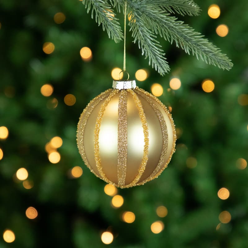 Set of 2 Gold Striped Glittered Glass Christmas Ball Ornaments 4"