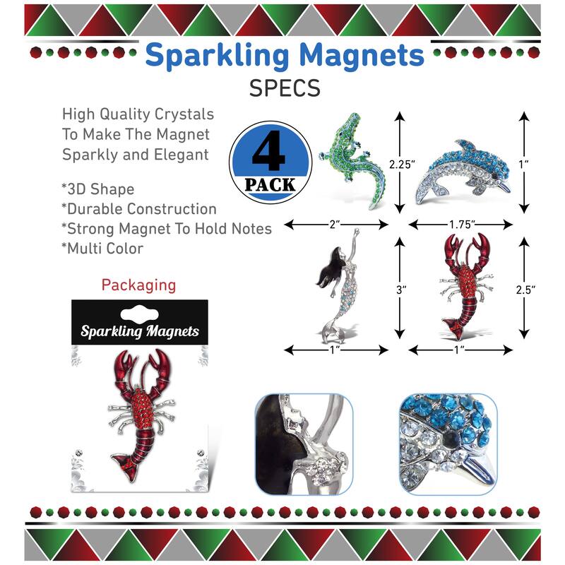 Aqua79 Beach Sparkling Refrigerator Magnet Set with Rhinestone - 4 Pcs - 1.75 inches