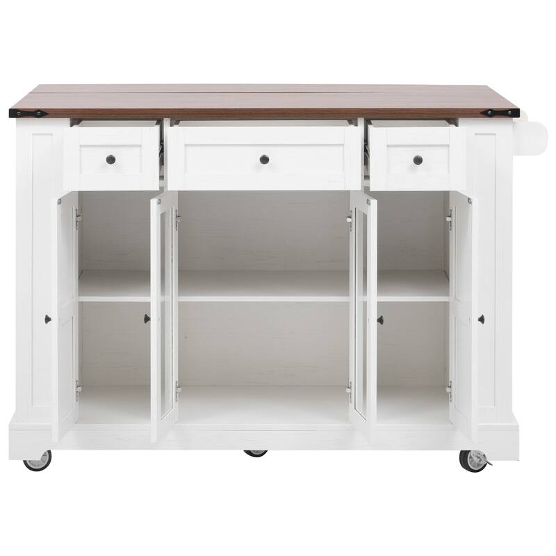 Kitchen Island with Two Tempered Glass Cabinet Doors and Power Outlet, Rolling Storage Cabinet with Drop Leaf, Open Side Racks