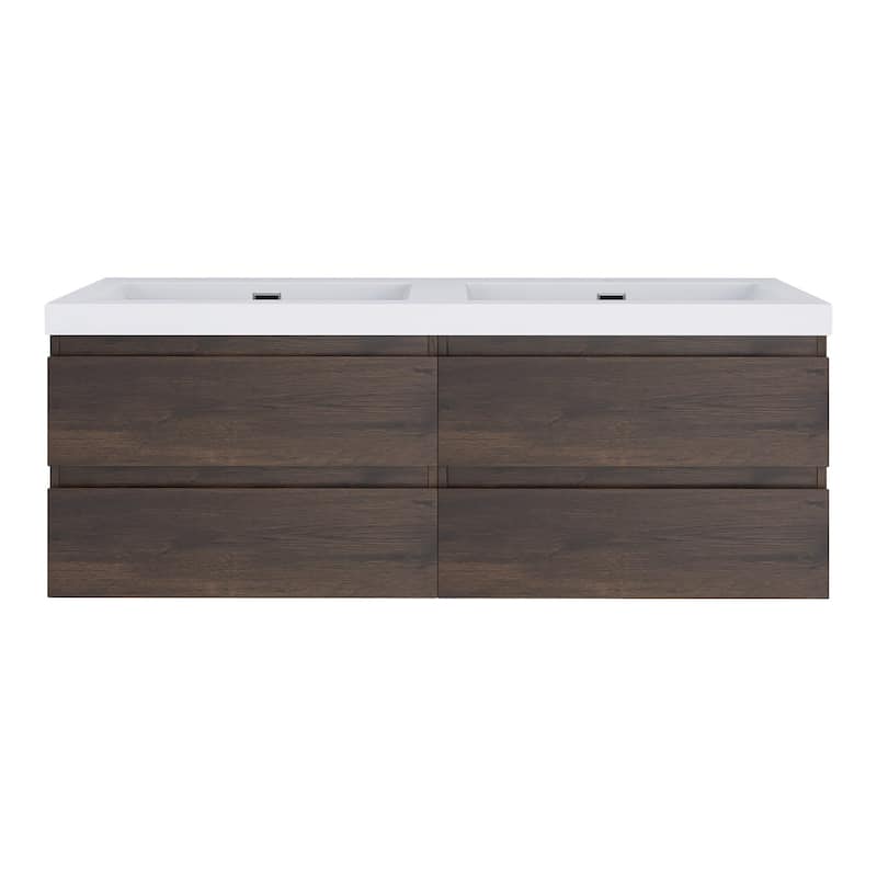 MDF Wall-Mounted Bathroom Vanity Set in Rose Wood with Integrated Culture Marble Sink