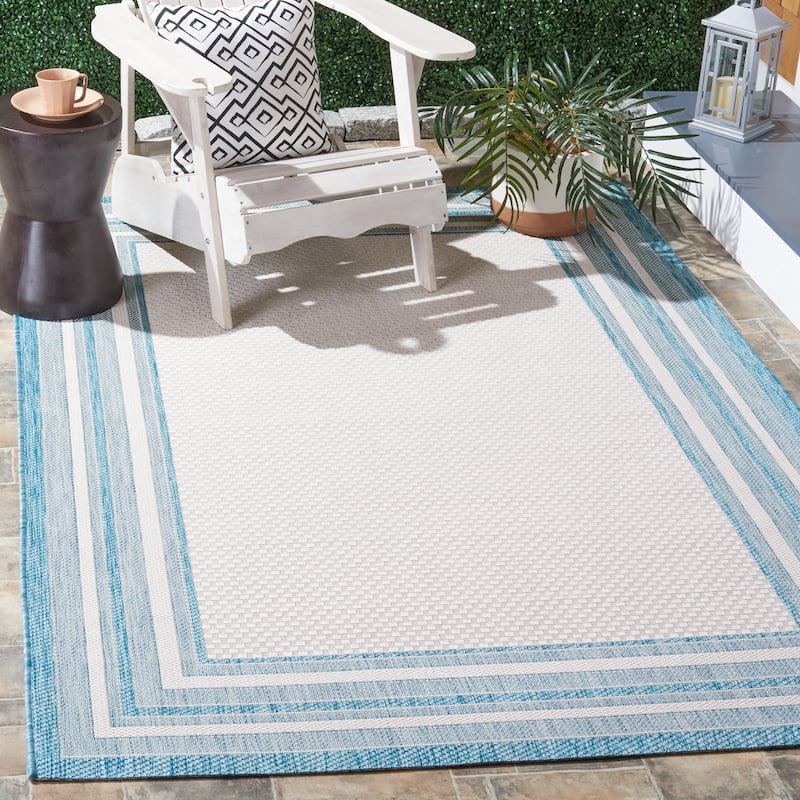 SAFAVIEH Courtyard Vickie Indoor/ Outdoor Waterproof Patio Backyard Rug - 5'3" Square - Ivory/Aqua