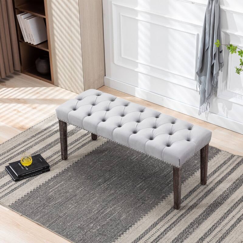 Tufted Velvet Bench Ottoman - Versatile Seating and Footrest for Living Room, Entryway, and Bedroom - LIGHT GREY