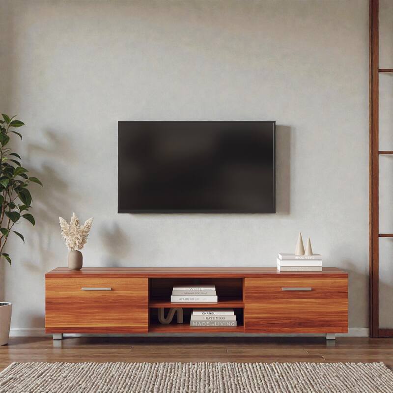 Modern 63" TV Stand for 70 Inch TVs, Media Console with Cabinets and Open Shelves, Entertainment Center for Living Room - Walnut