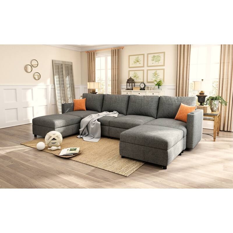 Oversized Sectional Sofa Set, Convertible L Shaped Couch Sofa Bed with Storage, 6 Seater Modular Sofa with Ottomans and Chaise