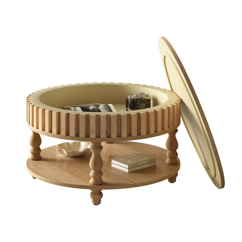 Farmhouse Fluted Coffee Table with Storage and Flip-Top Lids