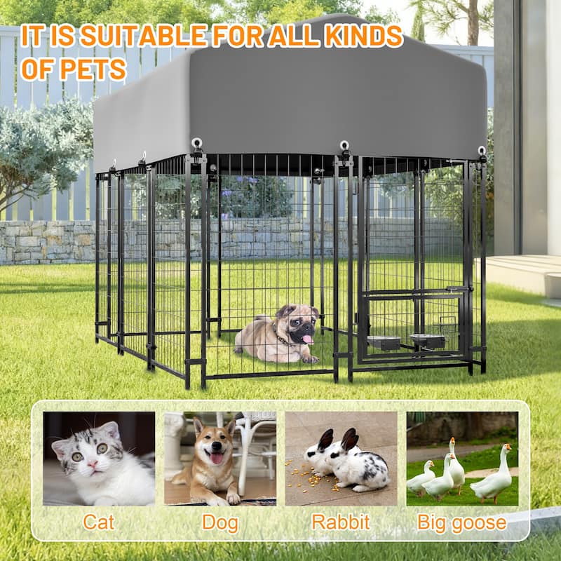 GDFStudio - Large Outdoor Heavy Duty Metal Dog Kennel with Roof, UV-Resistant Waterproof Cover, Double Lock & Rotating Feeder