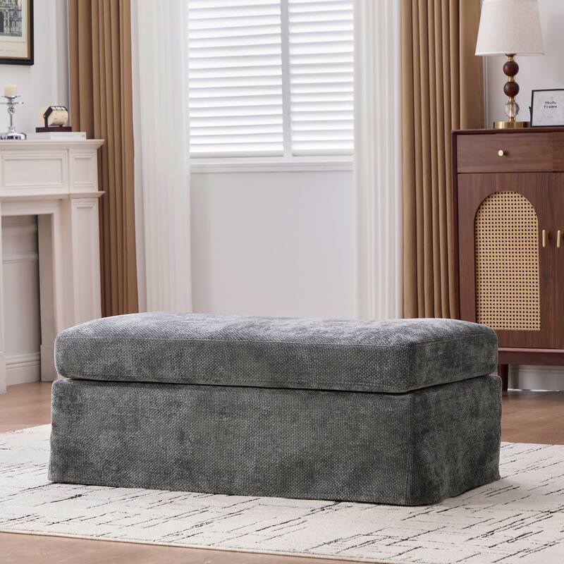 46" Wide Modern Upholstered Chenille Ottoman, Foot Stool Square Footrest with Black Metal Legs for Living Room, Bedroom