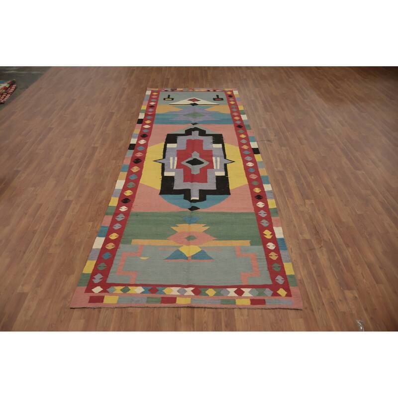 Hand Woven Oriental 100% Wool Carpet Southwestern Tribal Multi-Colored Kilim Area Rug - 13' 4'' X 4' 10''