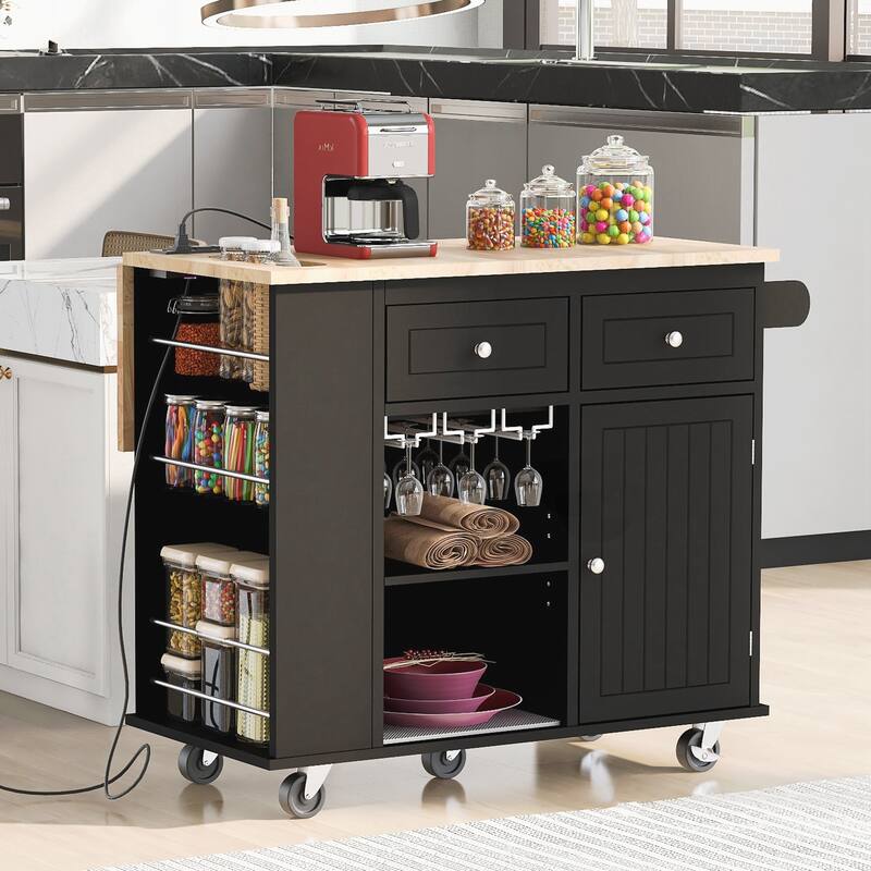 Kitchen Island with Power Outlet,Kitchen Storage Island with Drop Leaf and Rubber Wood,Open Storage and Wine Rack
