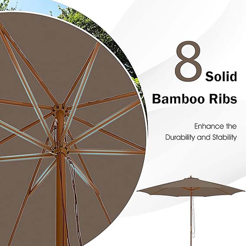 Gymax 10FT Wooden Market Table Umbrella Pulley Sunshade Canopy w/8