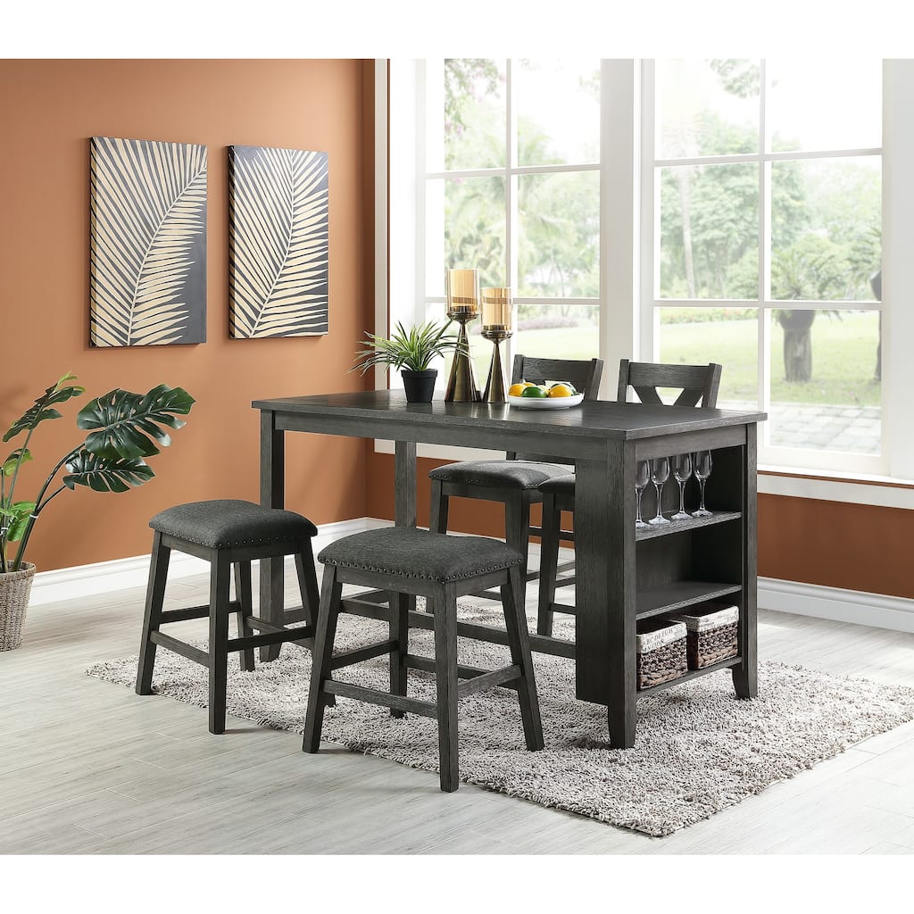 Modern Gray Finish 5pc Counter Height High Dining Table w Storage Shelves High Chairs And Stools Wooden Kitchen Breakfas