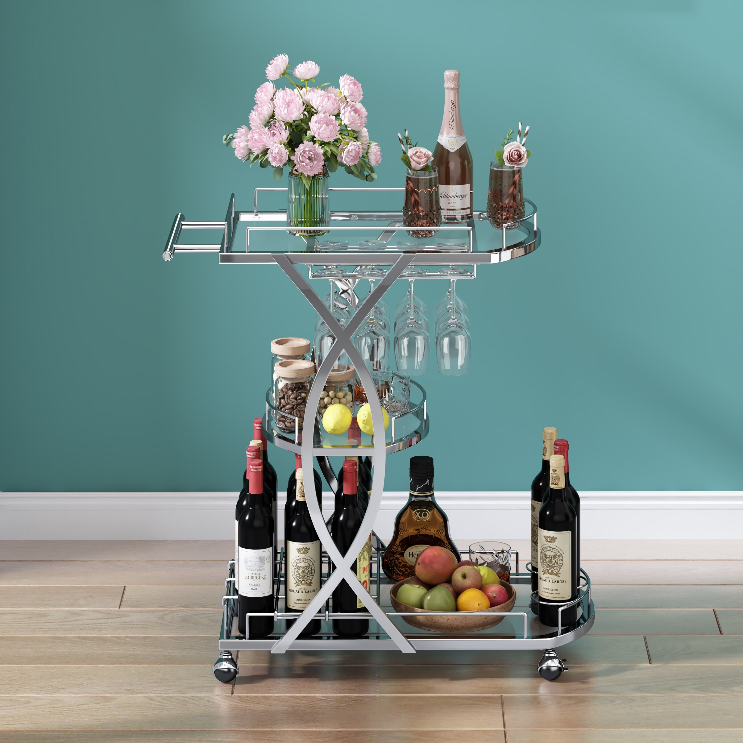 Bar cart with wine glass 2025 rack