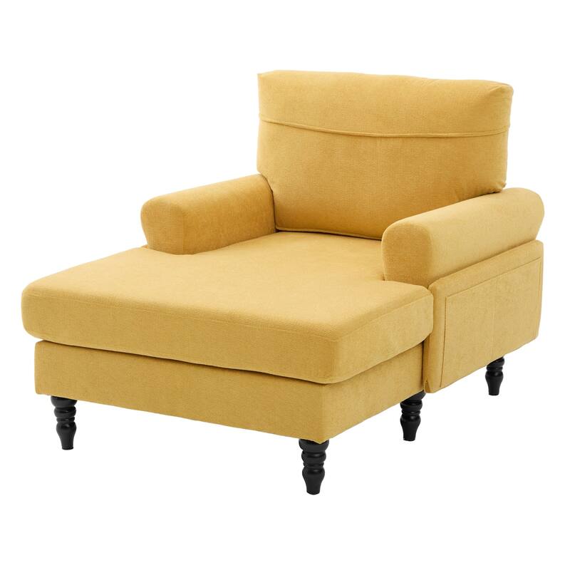 Modern Chaise Lounge Single Sofa Chair, Chenille Fabric Recliner Armchair with Side Pockets and Wooden Legs