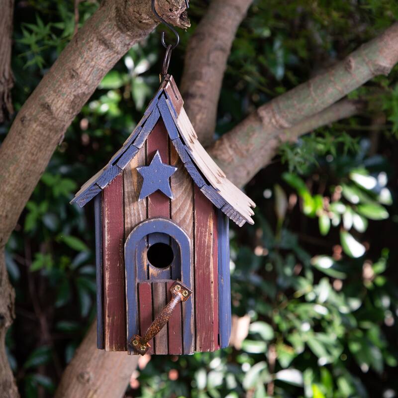 Glitzhome Wooden Patriotic Distressed Garden Birdhouse with Stars