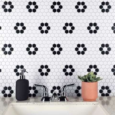 Merola Tile Metro Hex Matte White with Flower10.25" x 11.88" Porcelain Mosaic Floor and Wall Tile