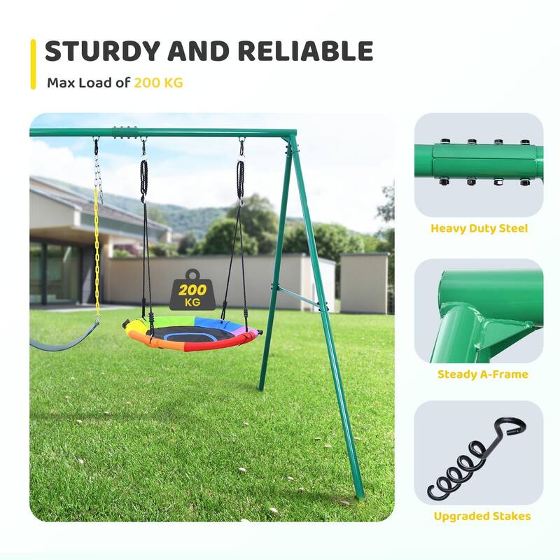 440lbs 2 Seat Swing Set for Backyard, 1 Saucer Swing Seat and 1 Belt Swing Seat with Heavy Duty A-Frame Metal Swing Stand