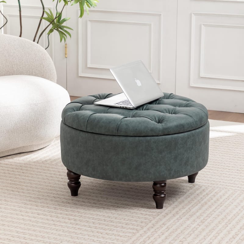 SEYNAR 29.5''Modern PU Leather Round Storage Ottoman with Wood Legs