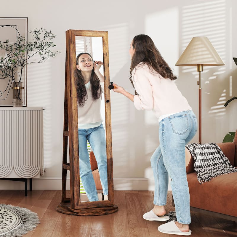 HOMCOM 360° Swivel Jewelry Cabinet, Lockable Jewelry Armoire Organizer with Full-Length Mirror for Bedroom Living Room